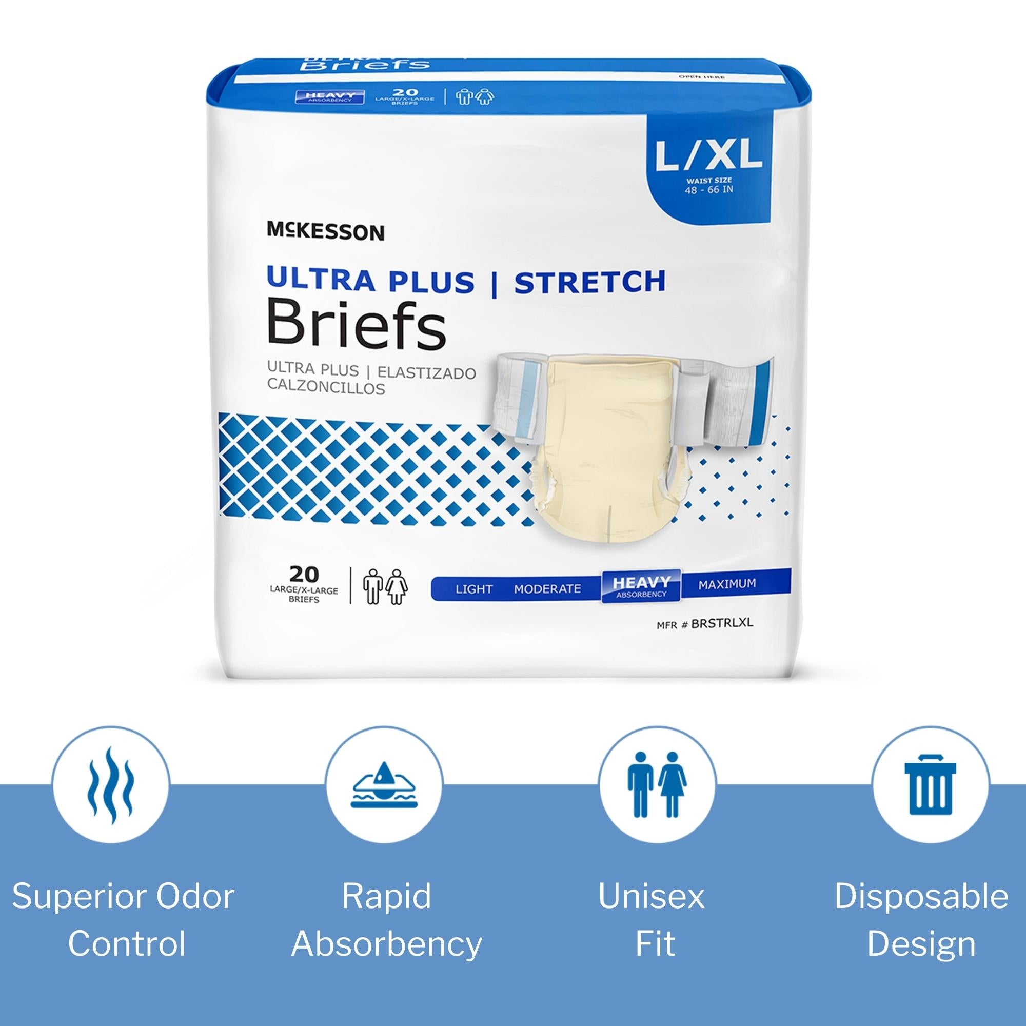 Unisex Adult Incontinence Brief McKesson Ultra Plus Stretch Large / X-Large Disposable Heavy Absorbency, Packaging Type- Case