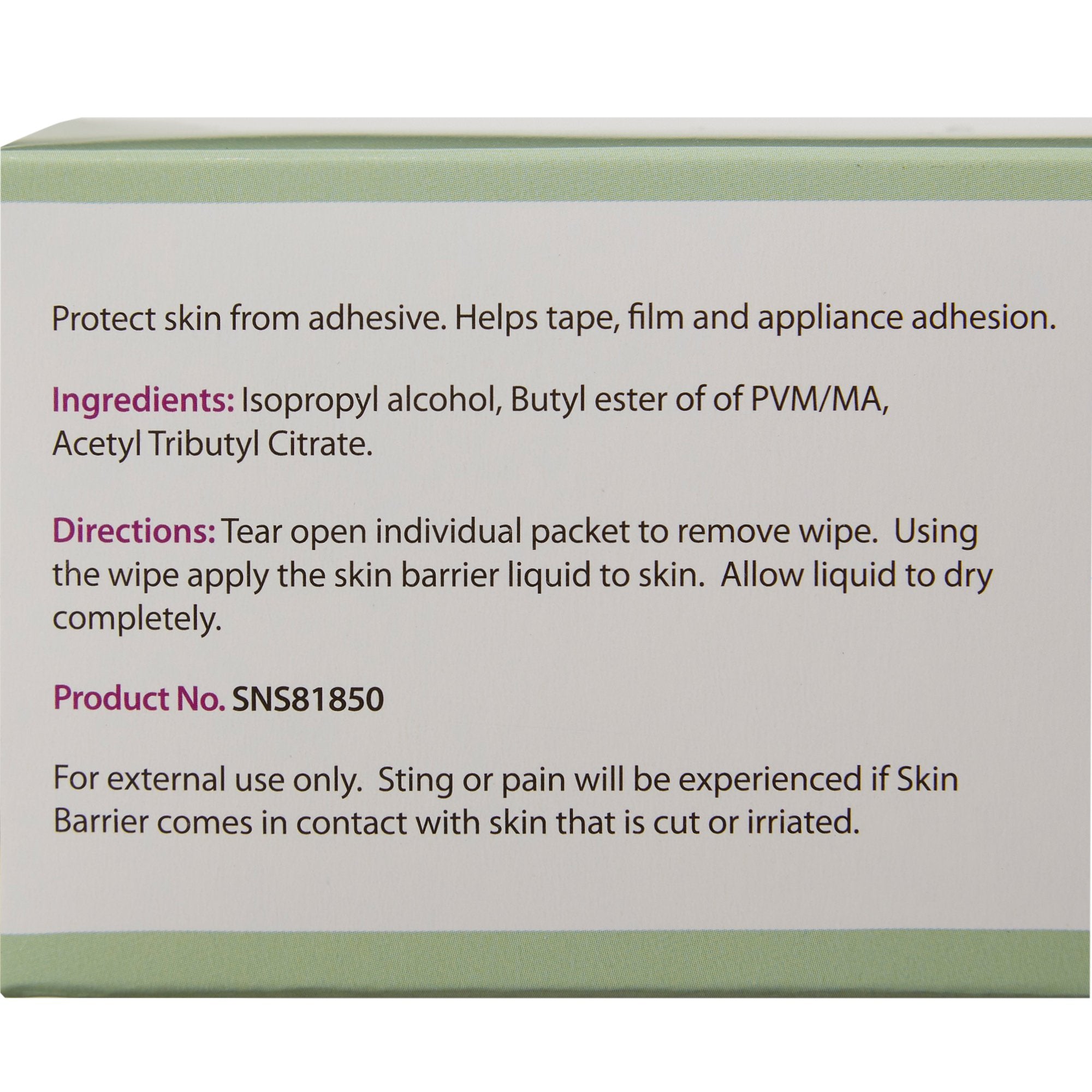 skin barrier wipe safe n simple 43 20 strength isopropyl alcohol butyl ester of pvm ma copolymer individual packet nonsterile packaging type box
