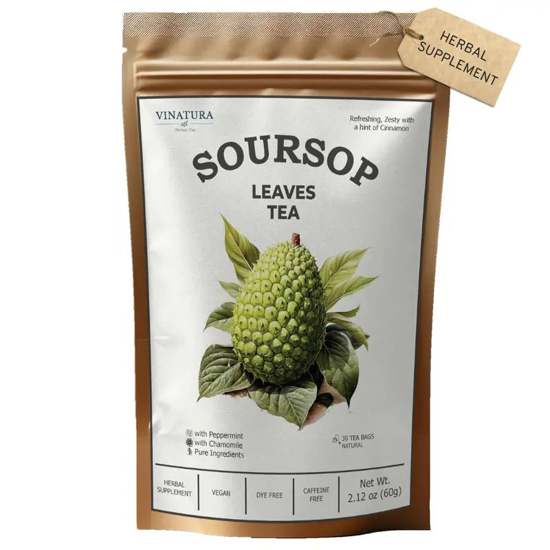 VINATURA Soursop Leaves Tea Bags   Pure Graviola Leaf, Peppermint, Chamomile & Cinnamon   All Natural, Dye Free Bag   Herbal Tea for Health, Refreshing Brew, Zesty Taste   30 Tea Bags   Make Sugar Free, Natural Sweet Beverage