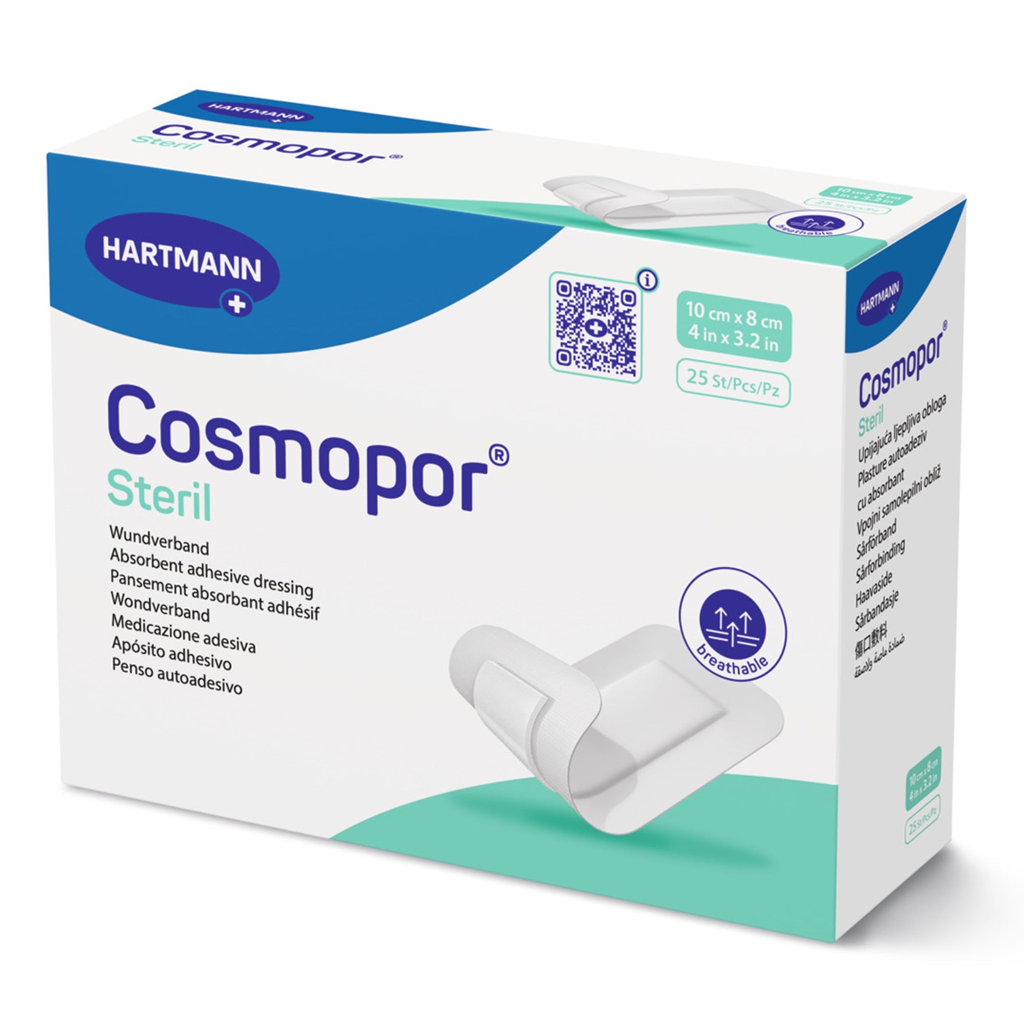 Aderezo para islas Cosmopor Steril, rectangular, 3-1/5 x 4 pulgadas, estéril, con respaldo resistente al agua. Tipo de embalaje: caja.