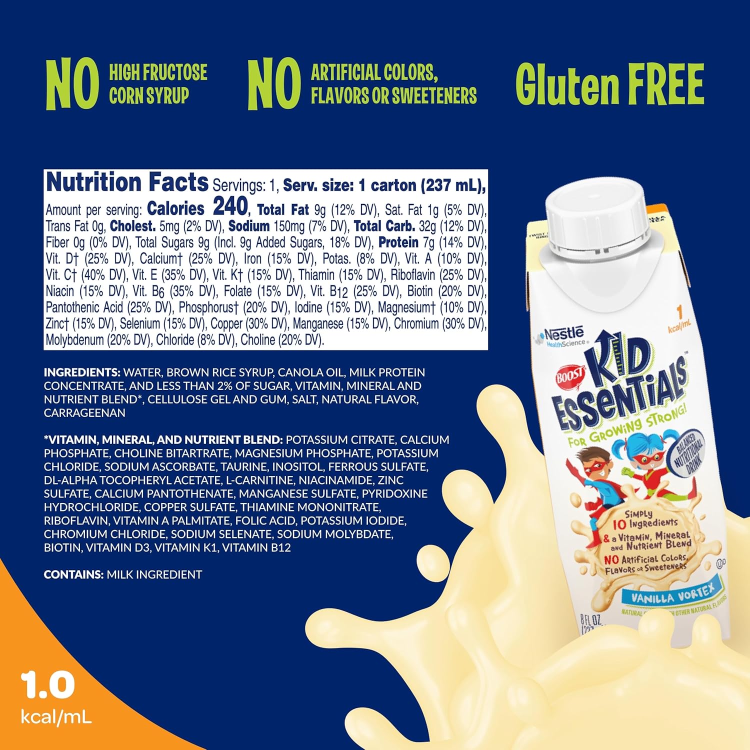 Pediatric Oral Supplement Boost Kid Essentials 1.0 Vanilla Vortex Flavor 8 oz. Carton Liquid Vitamins / Minerals