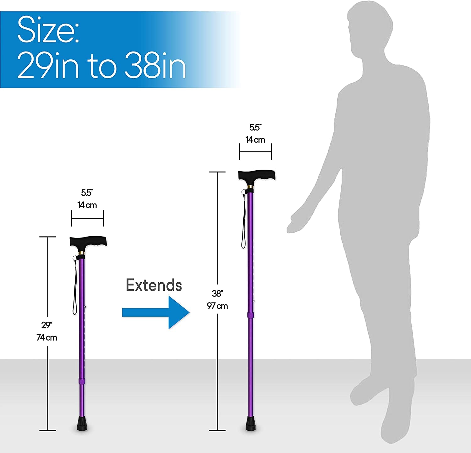 Walking Cane   Adjustable Walking Stick   Lightweight Aluminum Offset Cane with Ergonomic Handle and Wrist Strap   Ideal Daily Living Aid for Limited Mobility