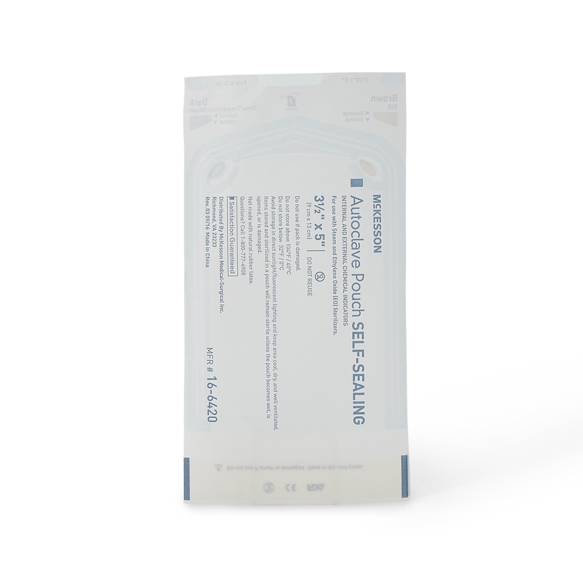 Sterilization Pouch McKesson Ethylene Oxide (EO) Gas / Steam 3-1/2 X 5 Inch Transparent Blue / White Self Seal Paper / Film, Packaging Type- Case