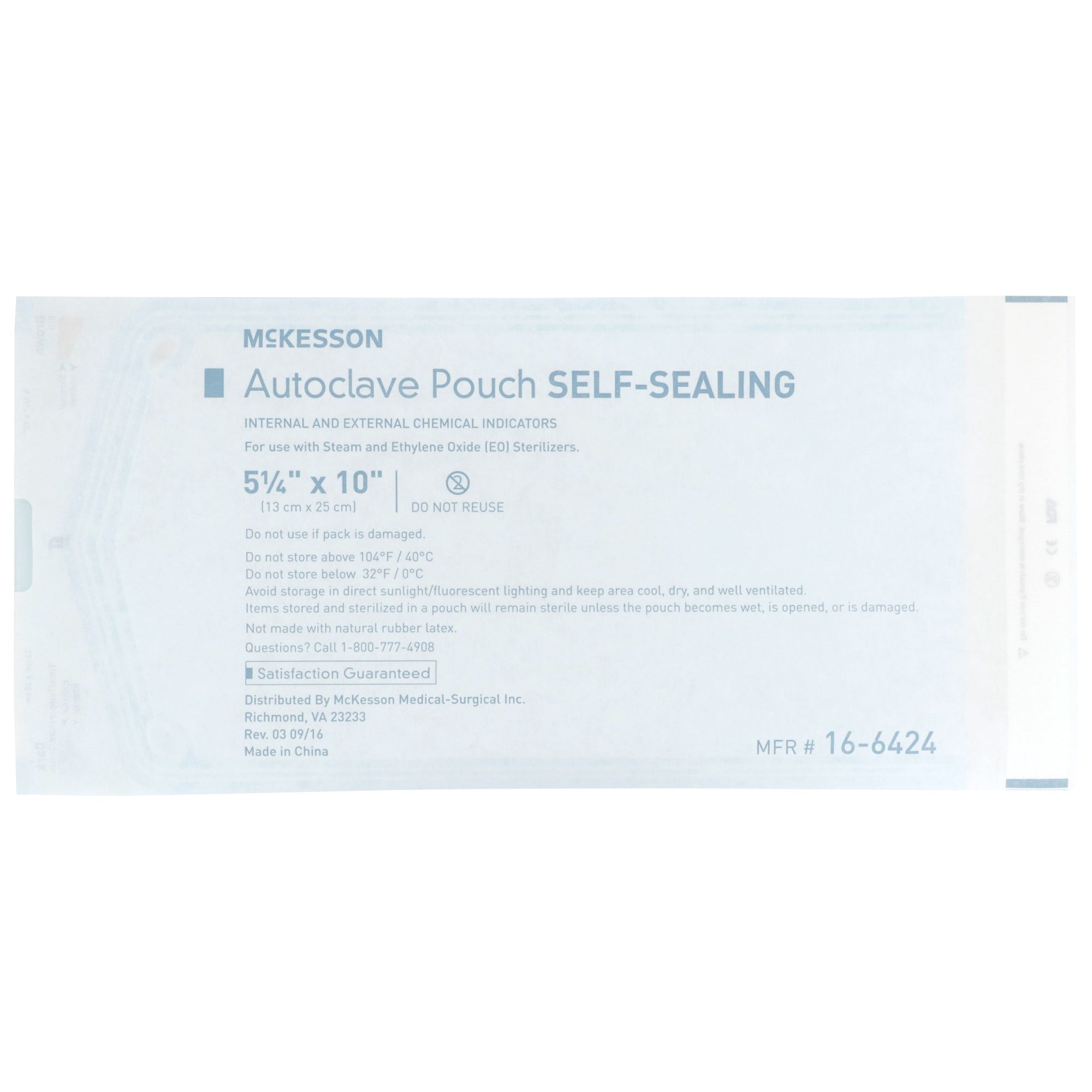 Sterilization Pouch McKesson Ethylene Oxide (EO) Gas / Steam 5-1/4 X 10 Inch Transparent Blue / White Self Seal Paper / Film, Packaging Type- Box