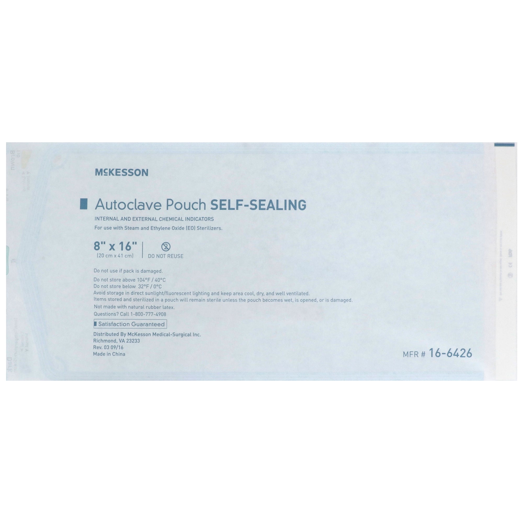 Sterilization Pouch McKesson Ethylene Oxide (EO) Gas / Steam 8 X 16 Inch Transparent Blue / White Self Seal Paper / Film
