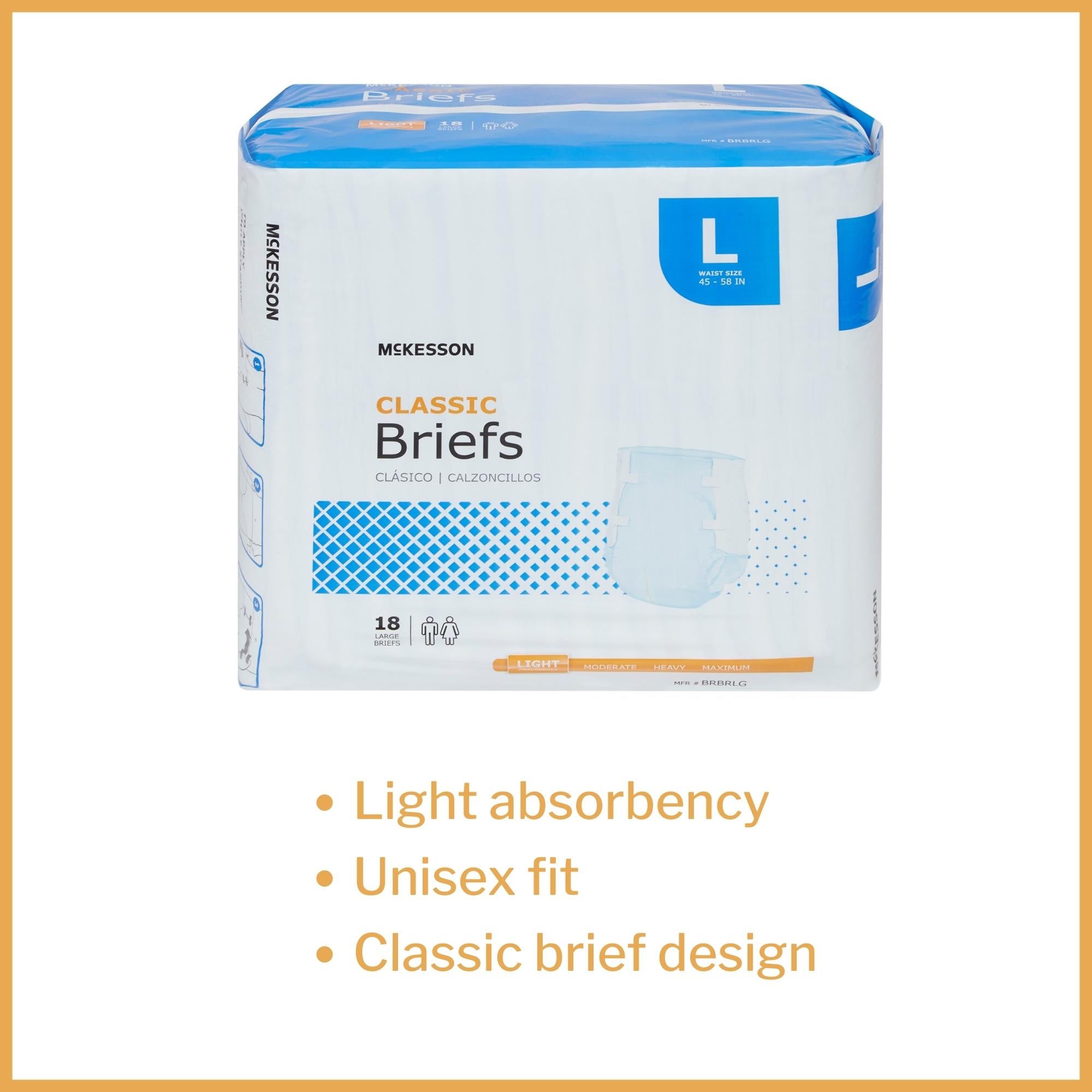 Unisex Adult Incontinence Brief McKesson Classic Large Disposable Light Absorbency, Packaging Type- Case