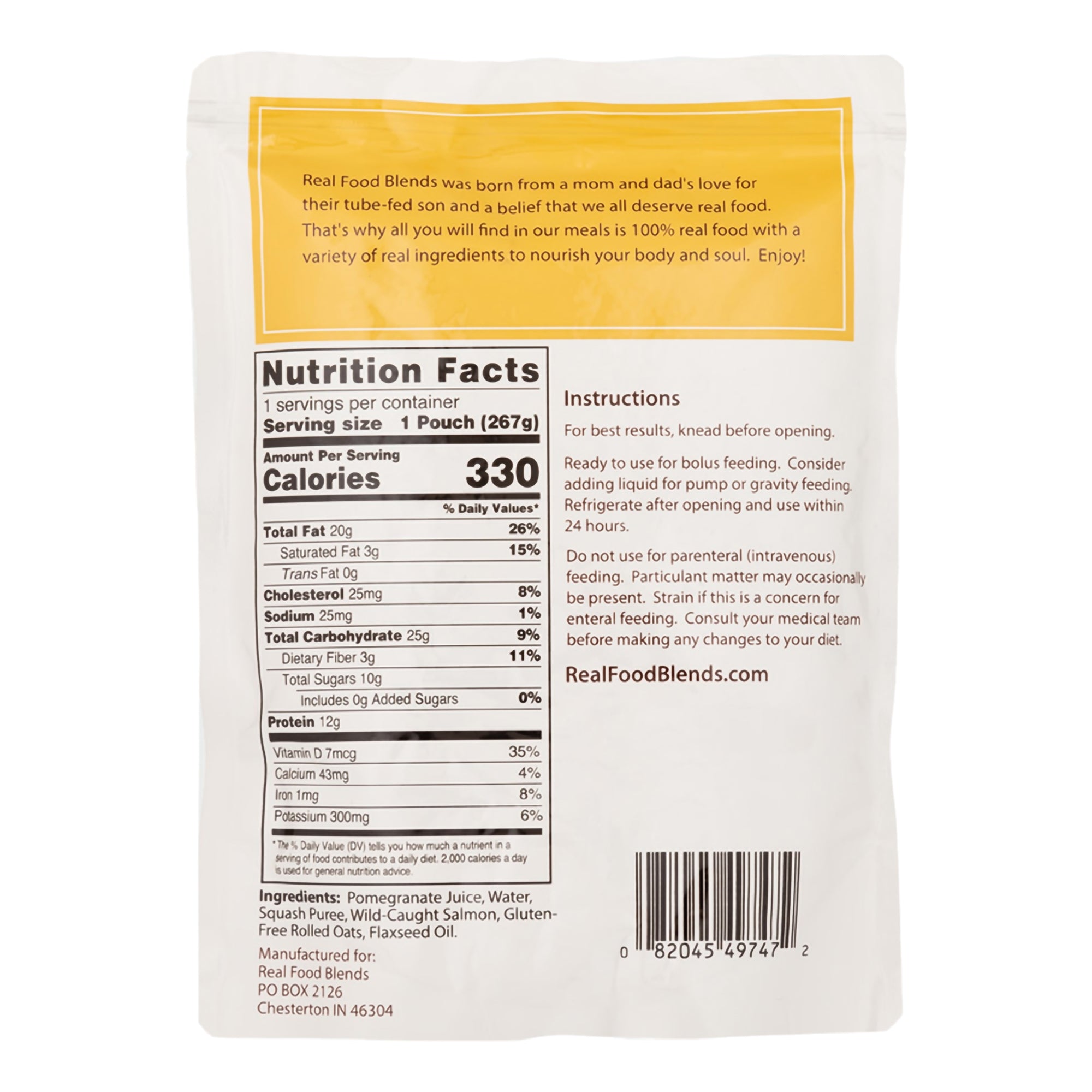 Tube Feeding Formula Real Food Blends Salmon / Oats / Squash Flavor Liquid 9.4 oz. Pouch | (12/Case)