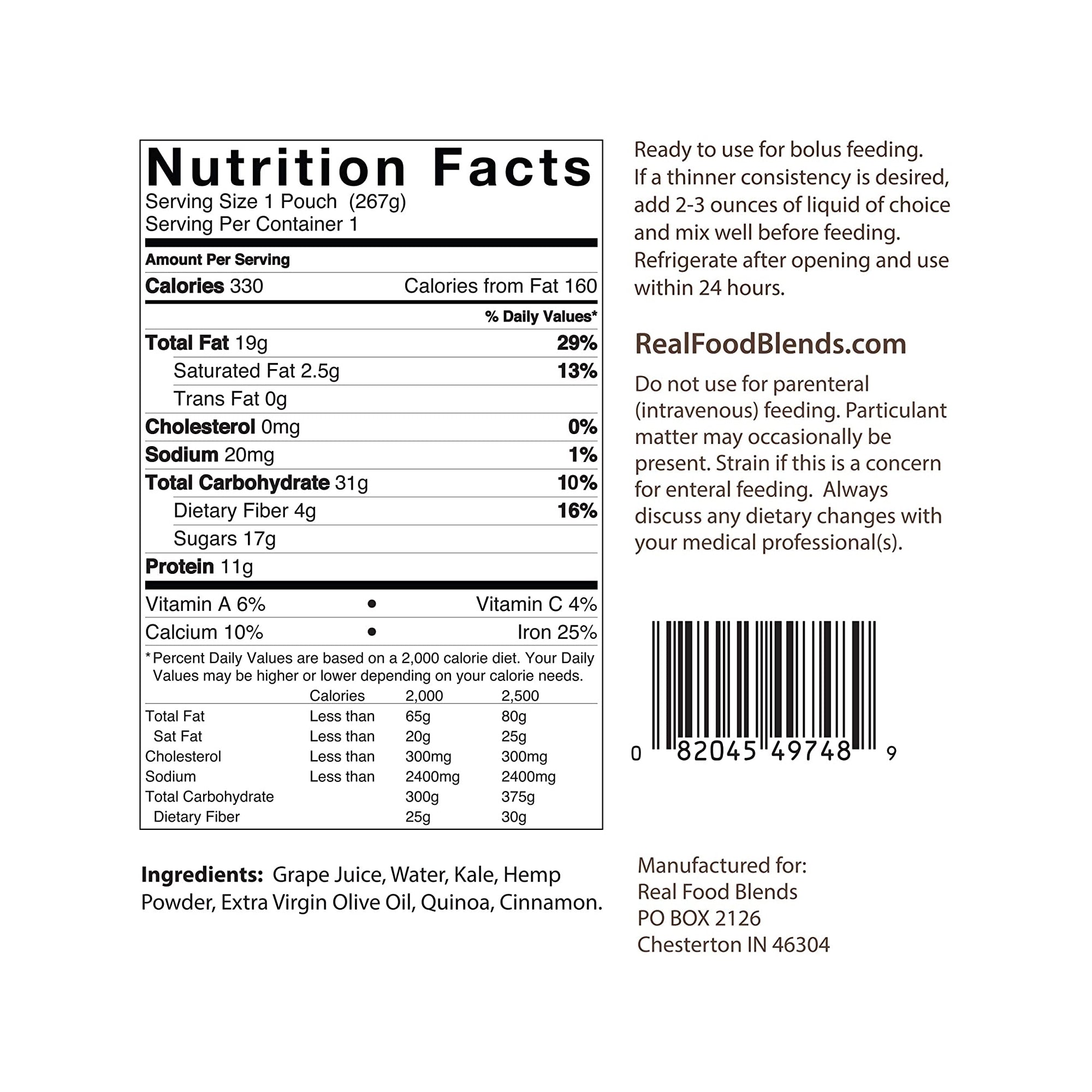 Tube Feeding Formula Real Food Blends Quinoa / Kale / Hemp Flavor Liquid 9.4 oz. Pouch,Packaging Type- Each