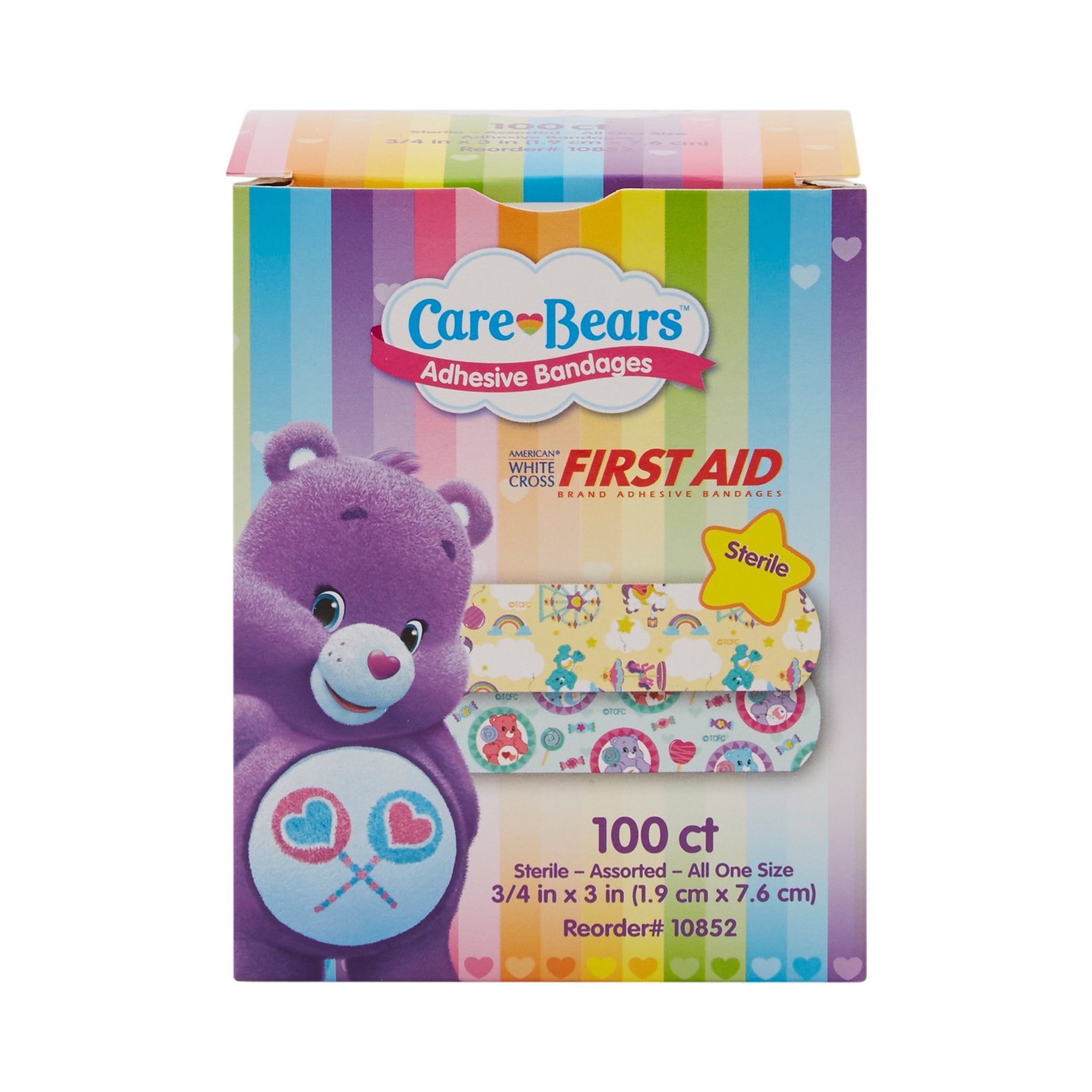Stat Strip Care Bears Kids Adhesive Bandages – Sterile 3/4" × 3" Plastic Strips with Easy-Opening Wrapper