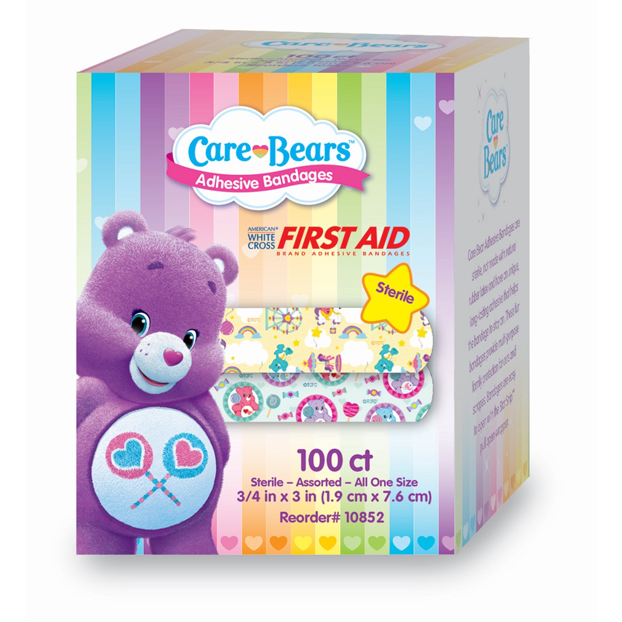 Stat Strip Care Bears Kids Adhesive Bandages – Sterile 3/4" × 3" Plastic Strips with Easy-Opening Wrapper
