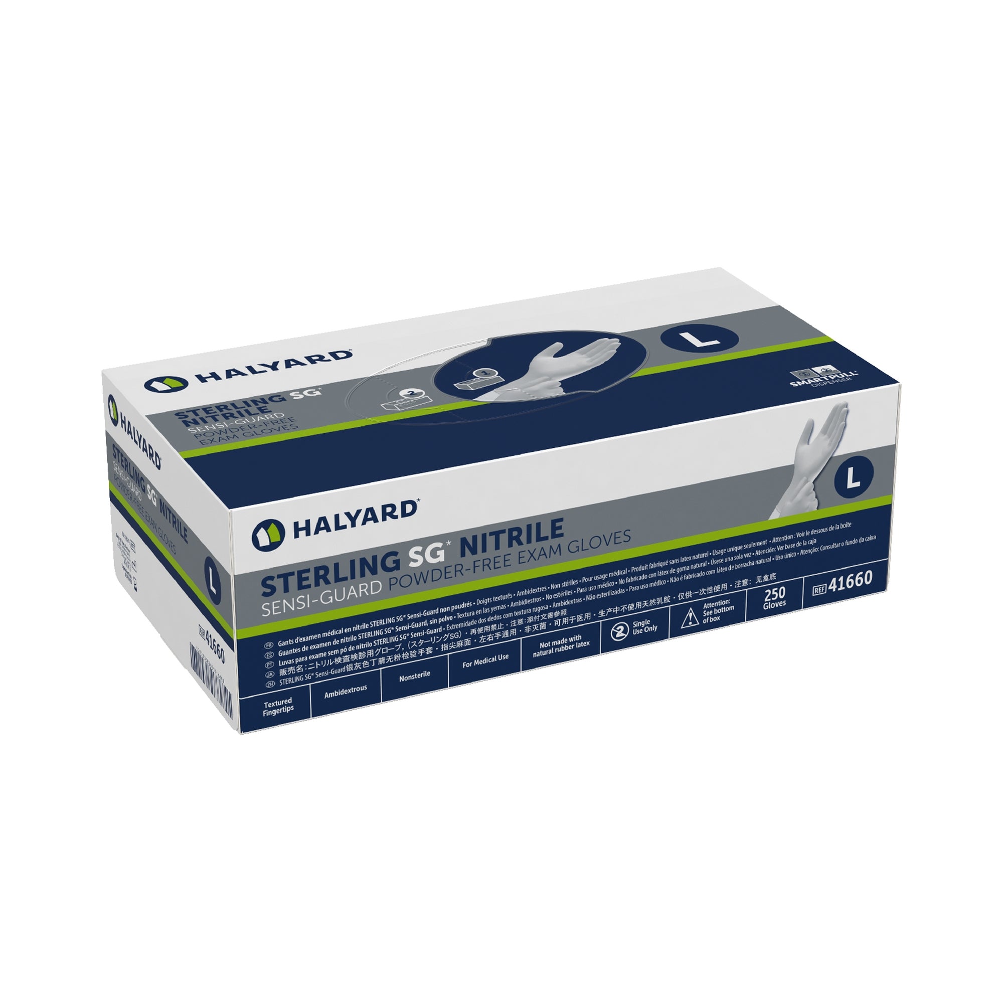 Guante de examen STERLING SG grande, no estéril, de nitrilo, longitud de puño estándar, con puntas de los dedos texturizadas, color plata, probado para quimioterapia