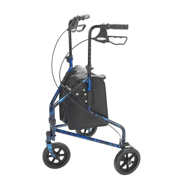 rollator 3 wheeled w pouch basket loop brake flame blue