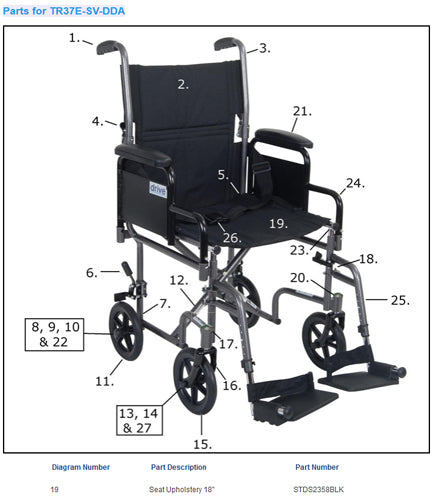 Drive Medical Seat Upholstery Only For Drive Transport Chair 18 X16 Black ( only seat / chair not included)