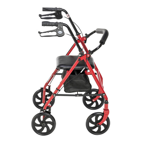 Andador de acero Drive Medical para personas mayores. Ruedas de 7.5 pulgadas con altura ajustable de 31 a 35 pulgadas. Capacidad de peso: 300 lb. Color rojo. Plegable.