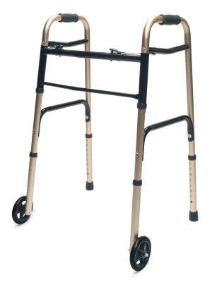 Lumex Gold Aluminum Lightweight Folding Walker Height Adjustment-32Inch - 39Inch, Weight Support-300lbs, Wheel Size-5inch, Width-25.5Inch, 716270G2