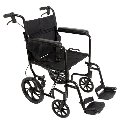 Probasics Expedition Aluminum Transport Wheelchair with Padded full-length permanent armrests and Swing-away Footrests ,12 inch Rear Wheels ,300 lbs Weight Capacity ,TCA191612BK