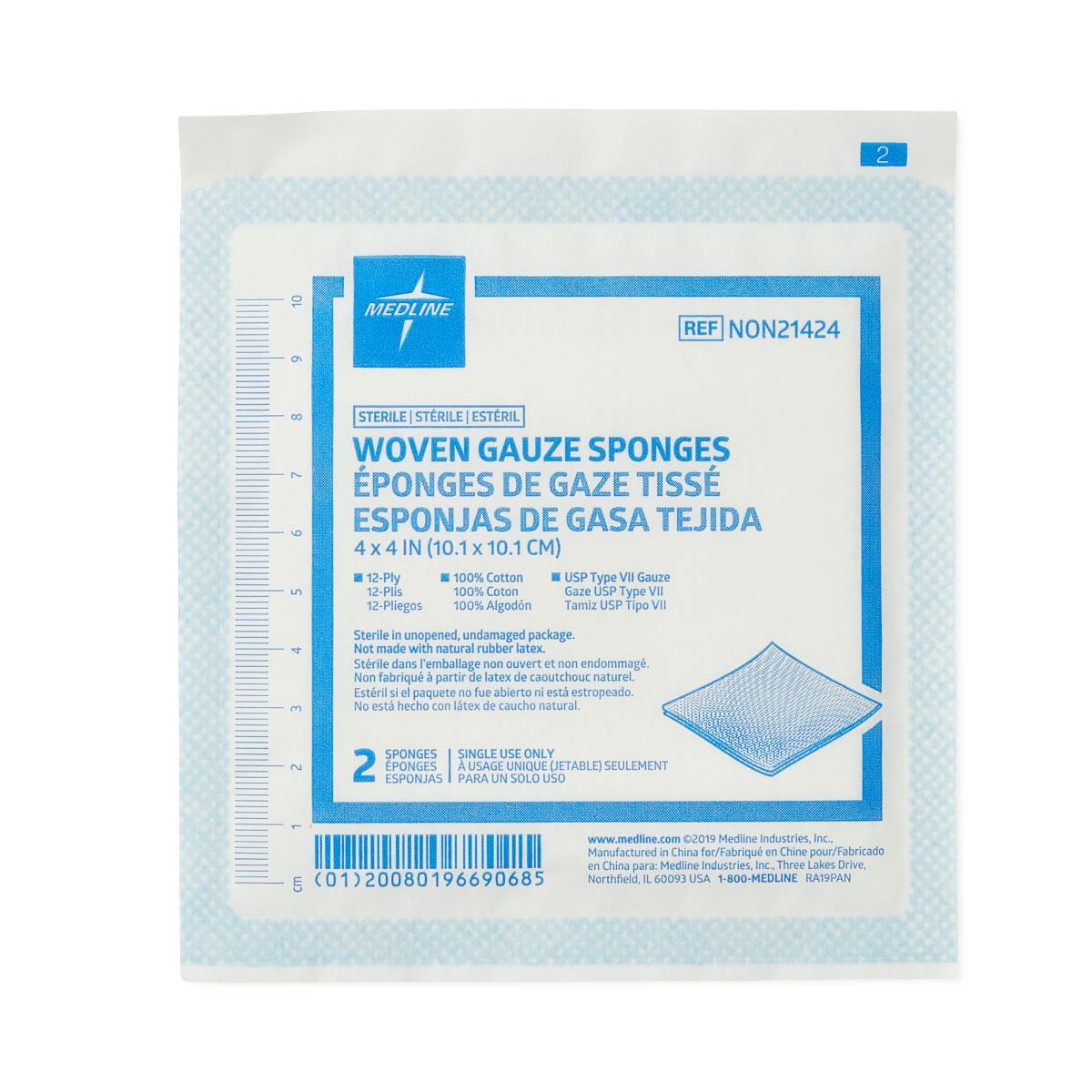 Gauze Sponge Medline 4 X 4 Inch 12-Ply Sterile 2 per Pack, Packaging Type- Case