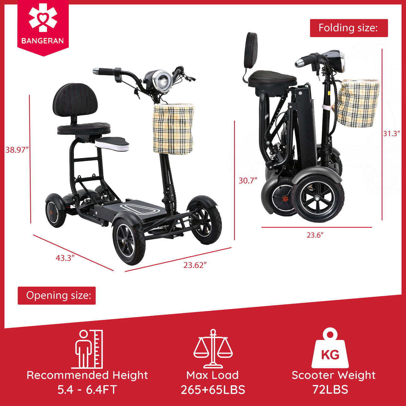dragon mobile lightweight foldable 4 wheels mobility scooter with double seat