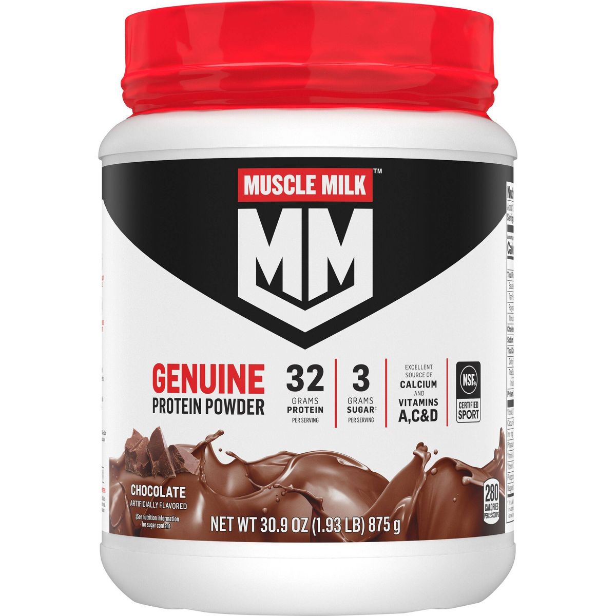 Proteína en polvo genuina, sabor chocolate, 1,1 kg, 16 porciones, 32 g de proteína, 3 g de azúcar, calcio, vitaminas A, C y D, certificado por la NSF para deportistas, refrigerio energizante. El empaque puede variar.