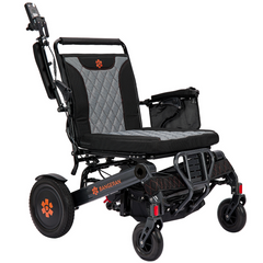 Black electric wheelchair with padded seat and backrest