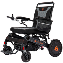 Black electric wheelchair with cushioned seat and joystick control