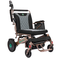 Gold electric wheelchair with padded black seat and backrest