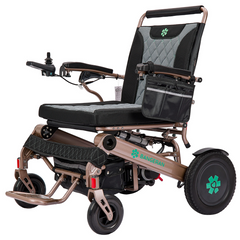 Gold electric wheelchair with black cushioned seat and joystick control