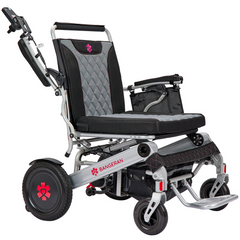 Silver electric wheelchair with padded seat and backrest mobility chair
