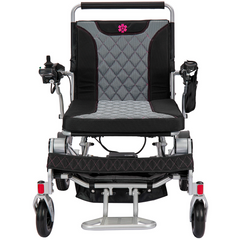 Silver electric wheelchair angled side view with cushioned black seat and armrests
