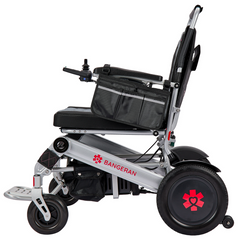 Silver electric wheelchair rear angle view with black cushioned seat and wheels