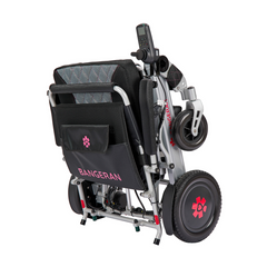 Folded silver electric wheelchair with black seat and joystick controller