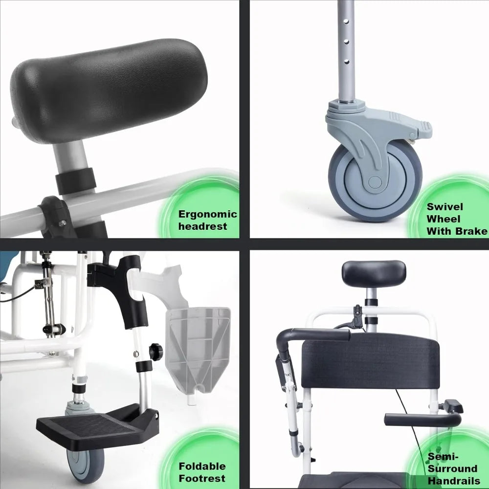 4 in 1 bedside commode chair tilt 30 shower commode wheelchair shampoo chair with headrest adjustable transport rolling chair