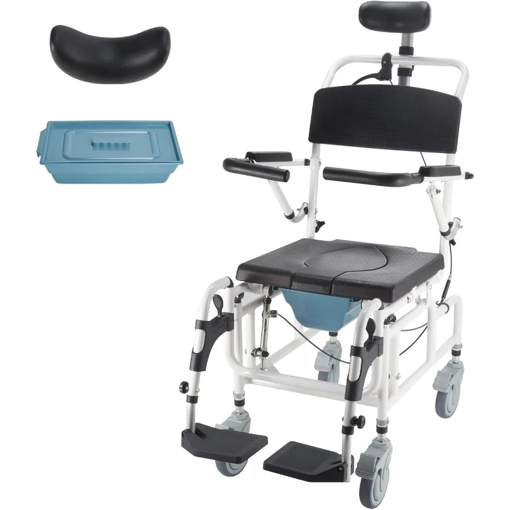 Silla con inodoro 4 en 1, con inclinación de 30°, para ducha, champú y reposacabezas, y ruedas de transporte ajustables.