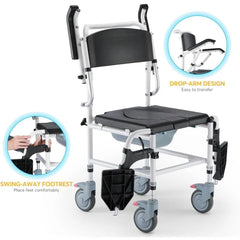 OasisSpace Shower Commode Wheelchair 300LB Waterproof Shower Chair with Wheels, Rolling Shower Chair with Swing Away Footrests All Care Store