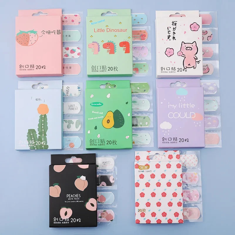 20 parches transpirables para heridas, impermeables, desechables, adhesivos Kawaii de primeros auxilios.