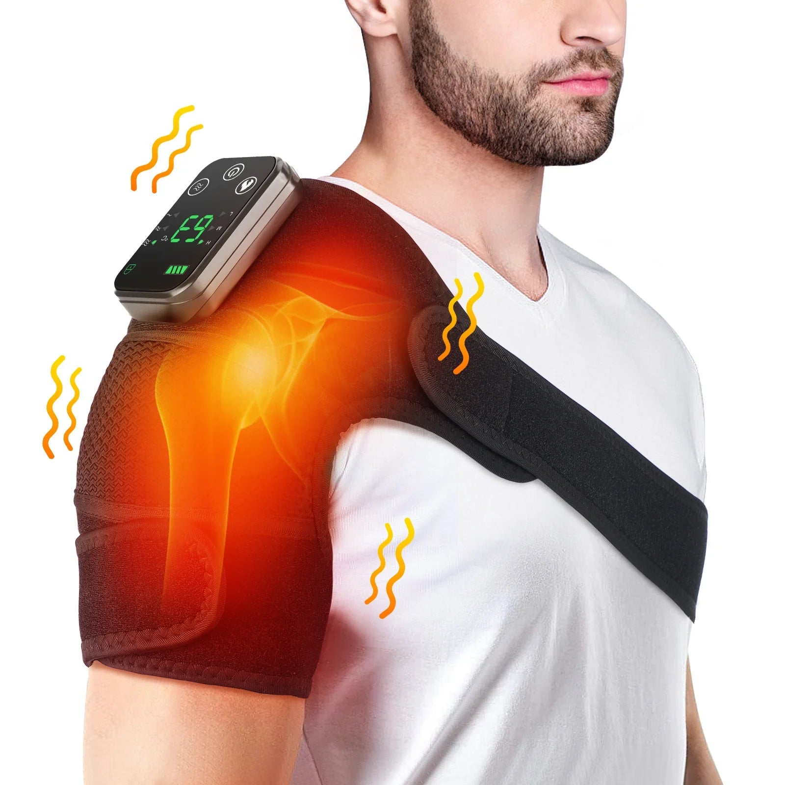 LED Heat Heating Vibration Shoulder Massage Wrap Brace Support 3 Levels