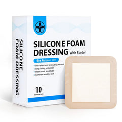 RHINO RESCUE Silicone Foam Dressing with Border, 4''x4'' 10 Pack Waterproof Wound Care Bandage