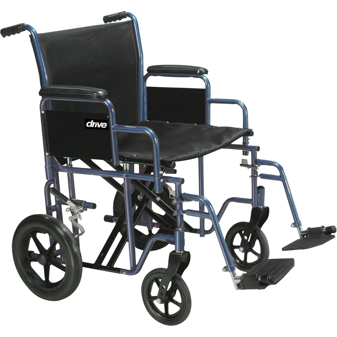 Drive Medical Bariatric Blue Wheelchair with Removable, reversible desk-length arms and Swing-away footrests ,12" rear Wheels ,450 lbs Weight Capacity ,22" (W) x 18" (D) ,10952D