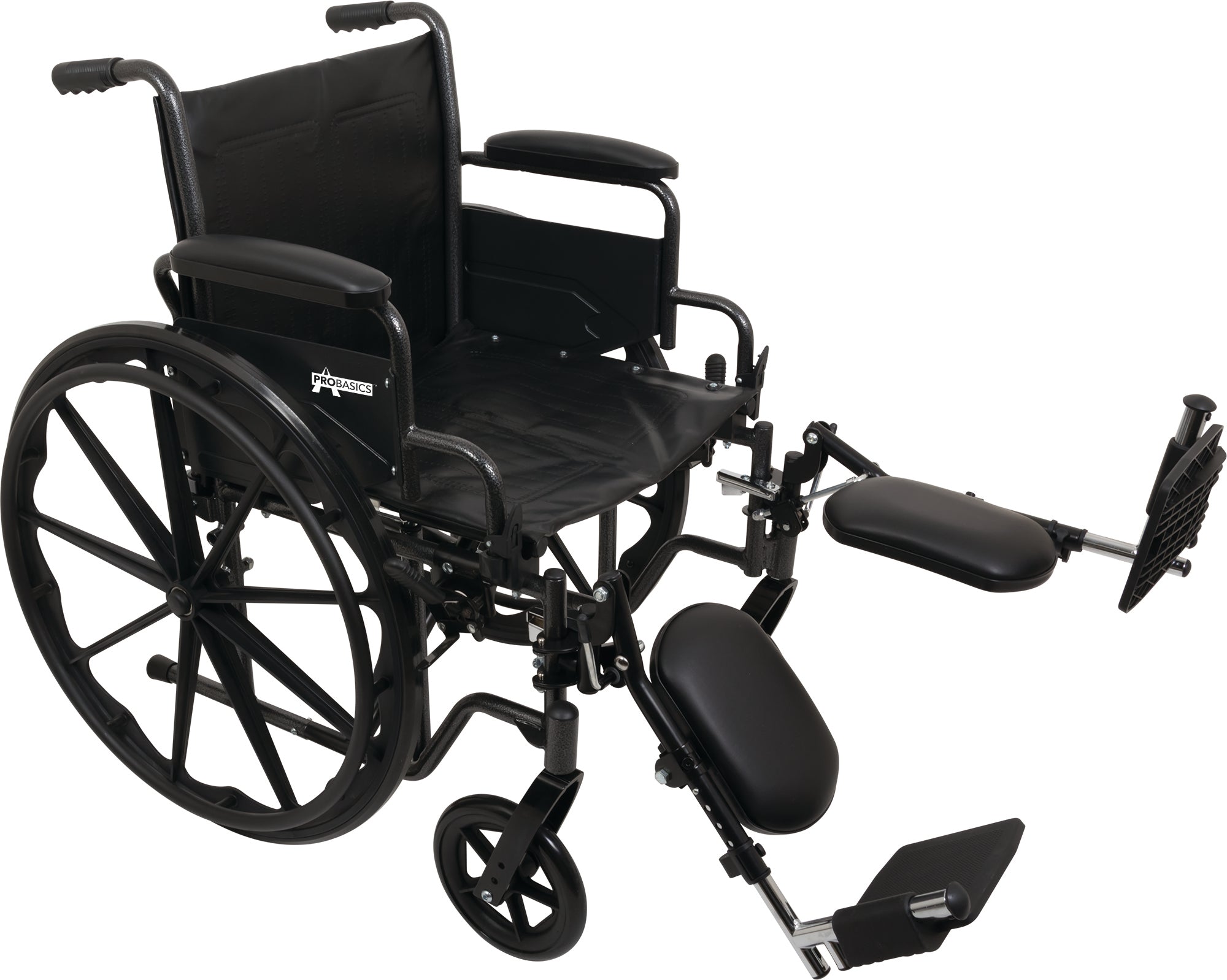 Silla de ruedas Probasics K2 con reposabrazos acolchados y tapizados abatibles y reposapiernas elevable, ruedas delanteras de 8" x 1" y traseras de 24", capacidad de peso de 300 lb, 20" x 16", WC22016DE