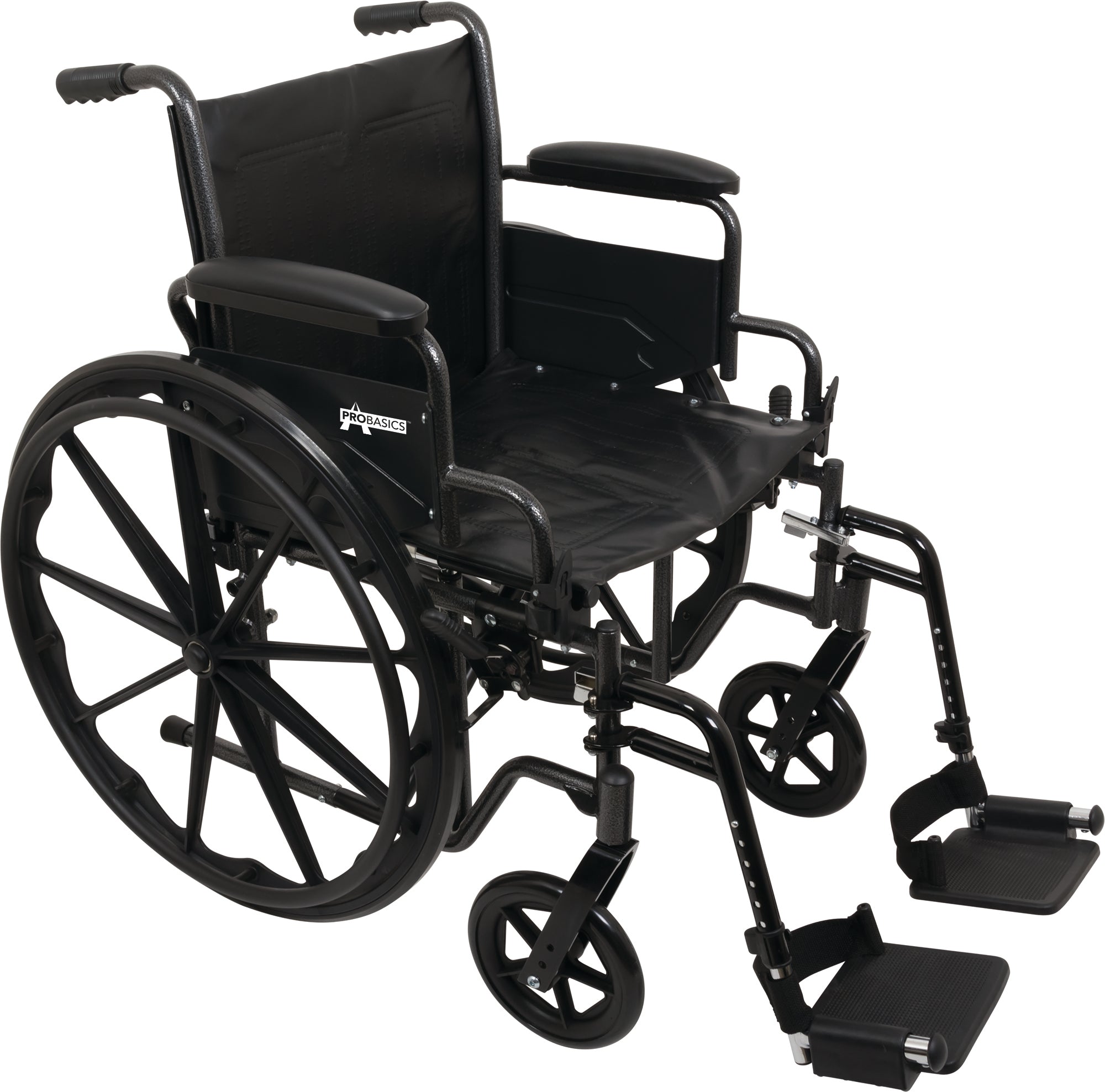 Silla de ruedas Probasics K2 con reposabrazos acolchados y tapizados abatibles y reposapiés abatibles, ruedas delanteras de 8" x 1" y traseras de 24", capacidad de peso de 300 lb, 20" x 16", WC22016DS