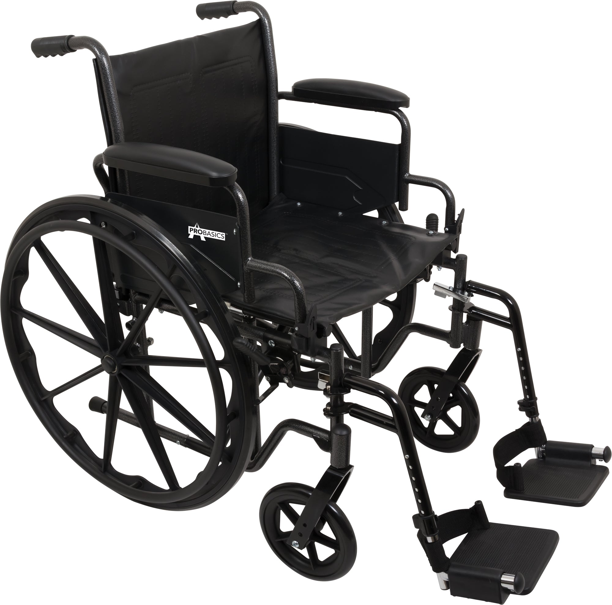 Silla de ruedas Probasics K2 con reposabrazos acolchados y tapizados abatibles y reposapiés abatibles, ruedas delanteras de 8" x 1" y traseras de 24", capacidad de peso de 300 lb, 16" x 16", WC21616DS