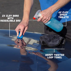 Clay Bar Care Kit 2 Car Detailing Clay Bars, 6 Clay Spray Tablets (1Pcs=16 Oz), Automotive Microfiber Car Drying Towel for Scratch Free Finishing | Paint Renewal, Contaminant Cleansing