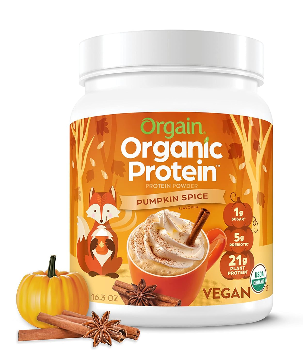 Organic Vegan Protein Powder, Pumpkin Spice Seasonal Flavor   21G of Plant Protein, 5G Prebiotic Fiber, No Lactose Ingredients, No Added Sugar, Non Gmo, for Shakes & Smoothies, 1.02 Lb