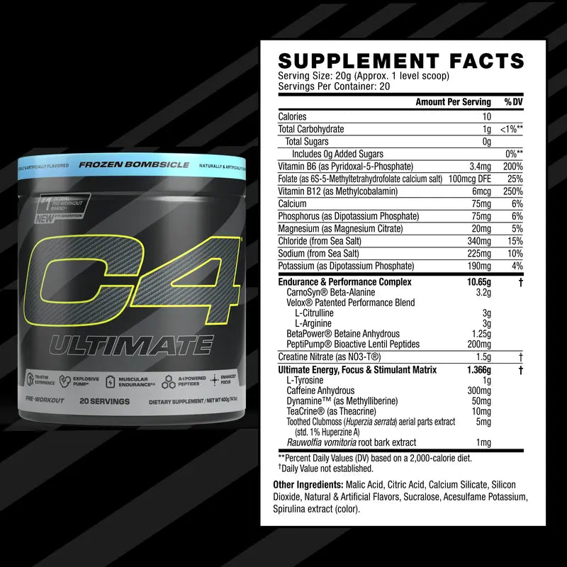 C4 Ultimate Pre Workout Powder Icy Blue Razz Sugar Free Preworkout Energy Supplement for Men & Women 300Mg Caffeine + Teacrine + Dynamine 20 Servings