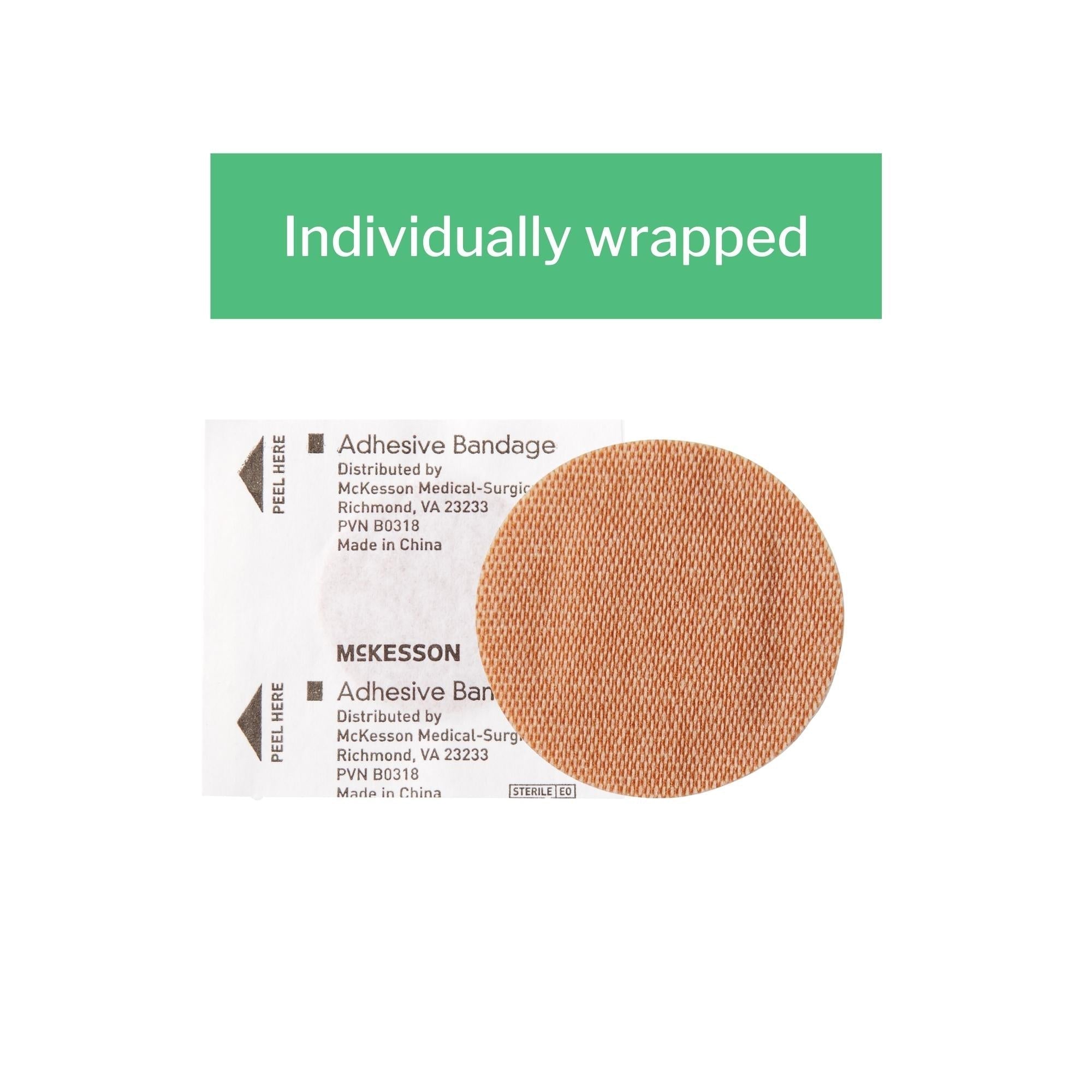 adhesive spot bandage mckesson 1 inch fabric round tan sterile packaging type box