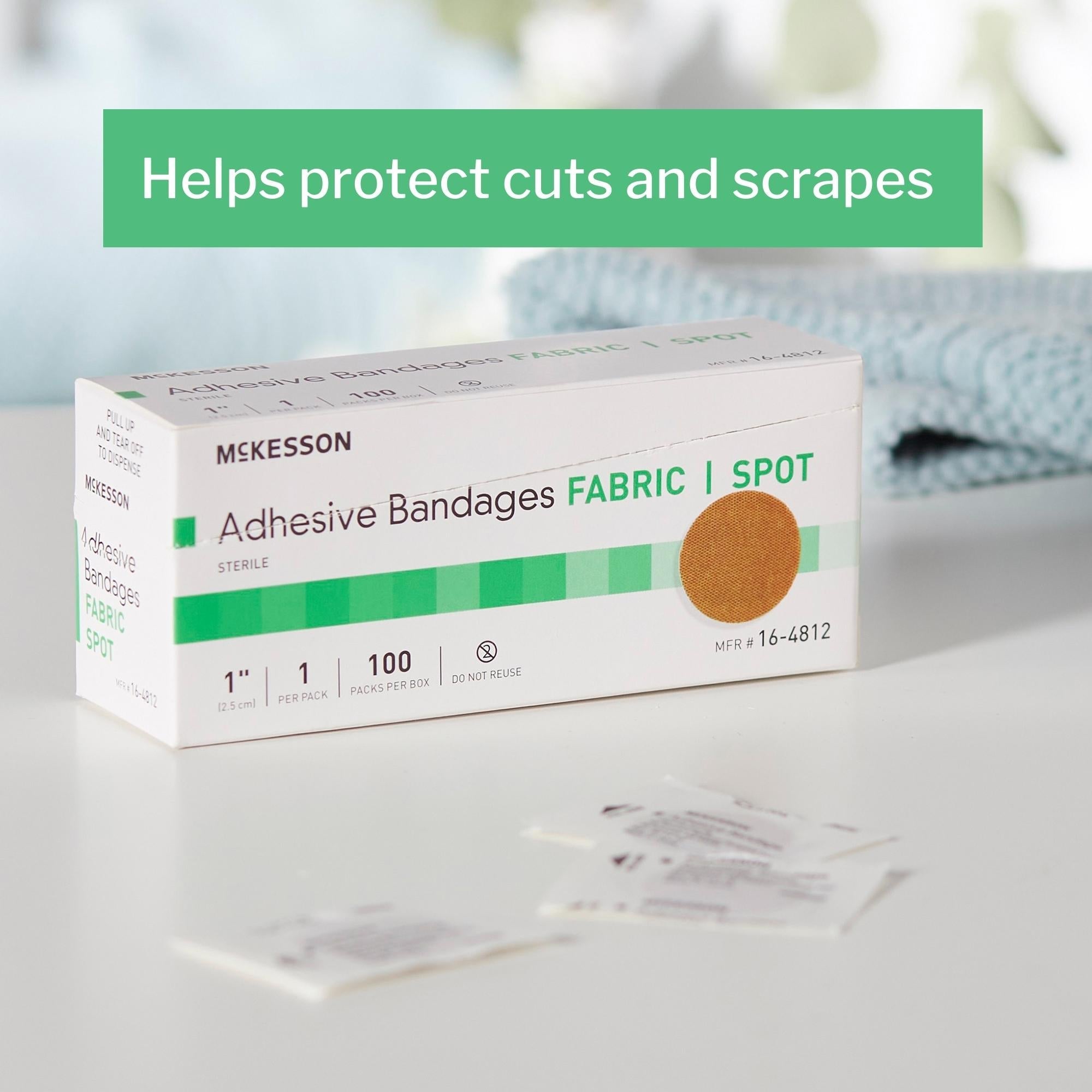 adhesive spot bandage mckesson 1 inch fabric round tan sterile packaging type box