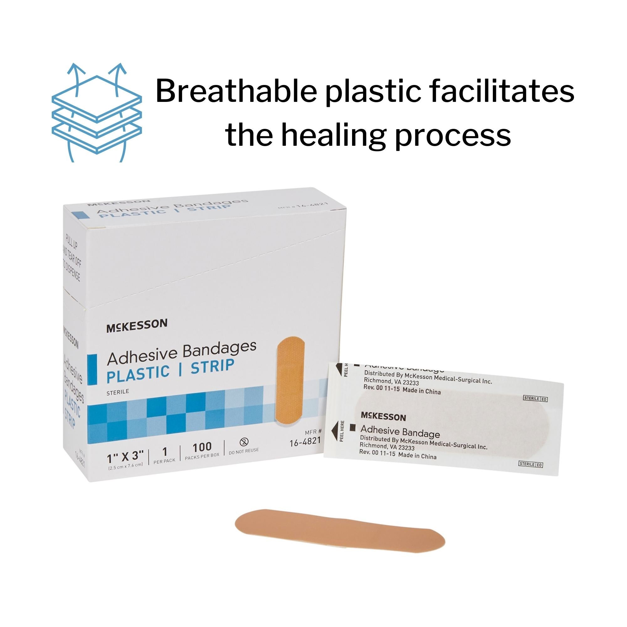 adhesive strip mckesson 1 x 3 inch plastic rectangle tan sterile packaging type box