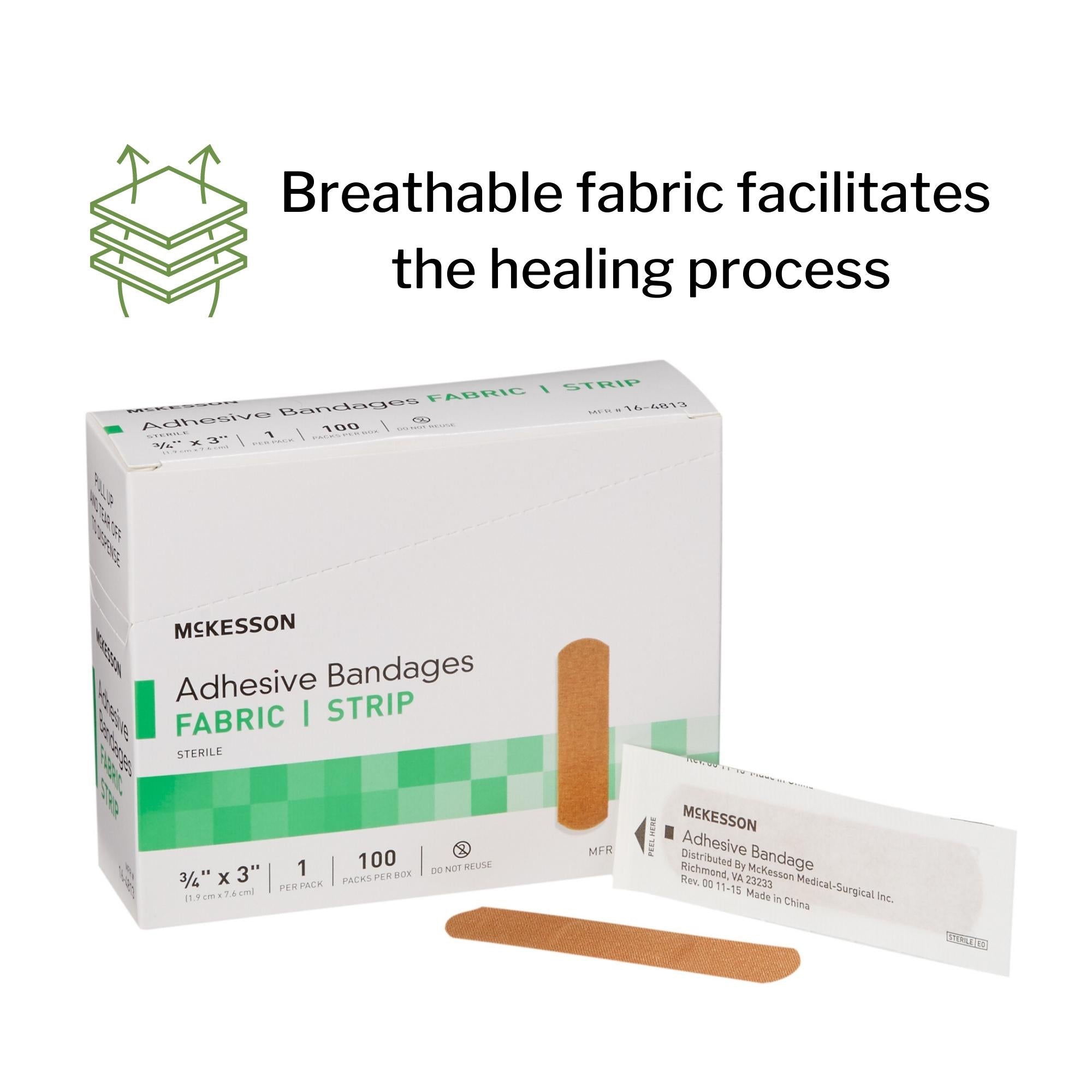 adhesive strip mckesson 3 4 x 3 inch fabric rectangle tan sterile