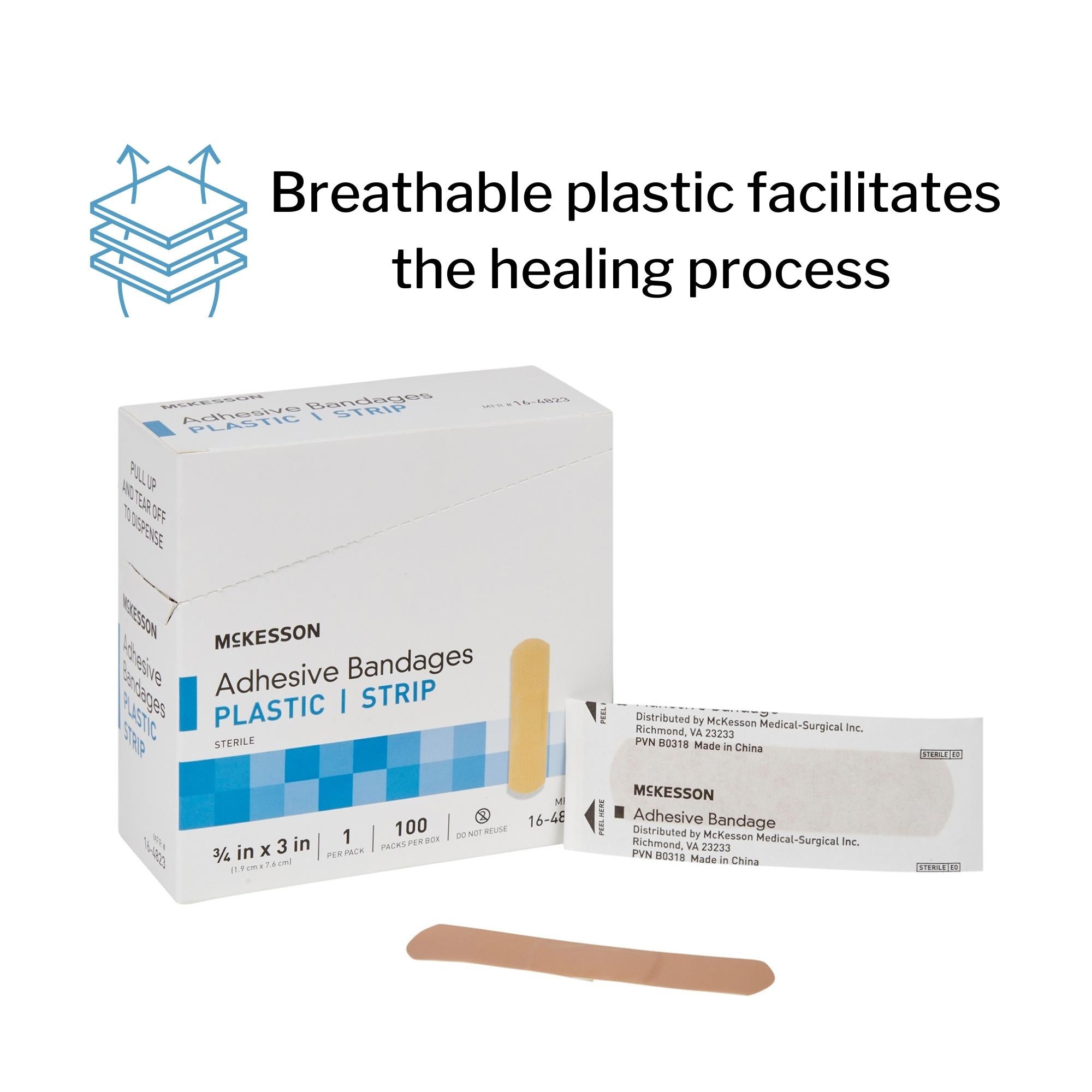 adhesive strip mckesson 3 4 x 3 inch plastic rectangle tan sterile