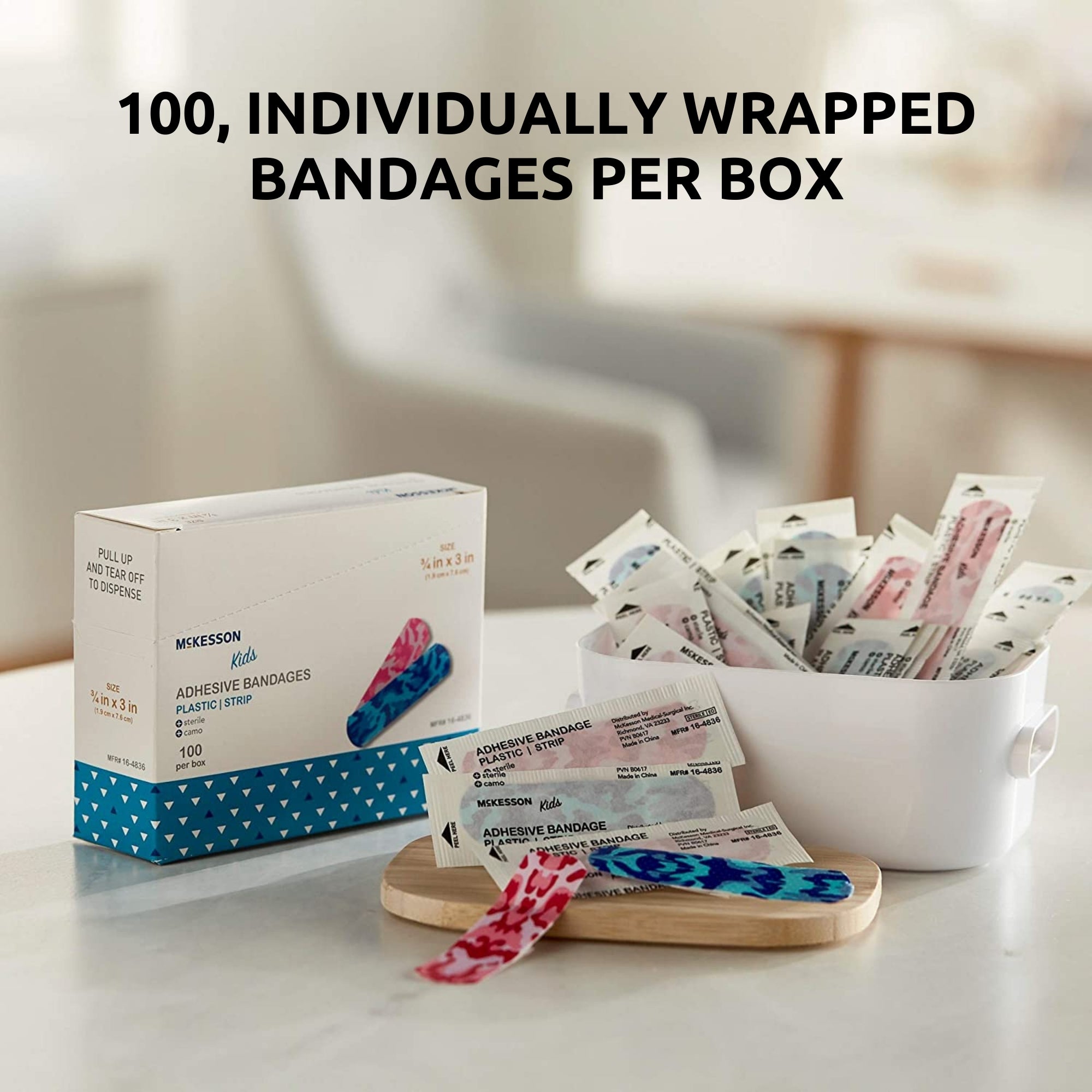 adhesive strip mckesson kids 3 4 x 3 inch plastic rectangle kid design blue pink camo sterile packaging type box